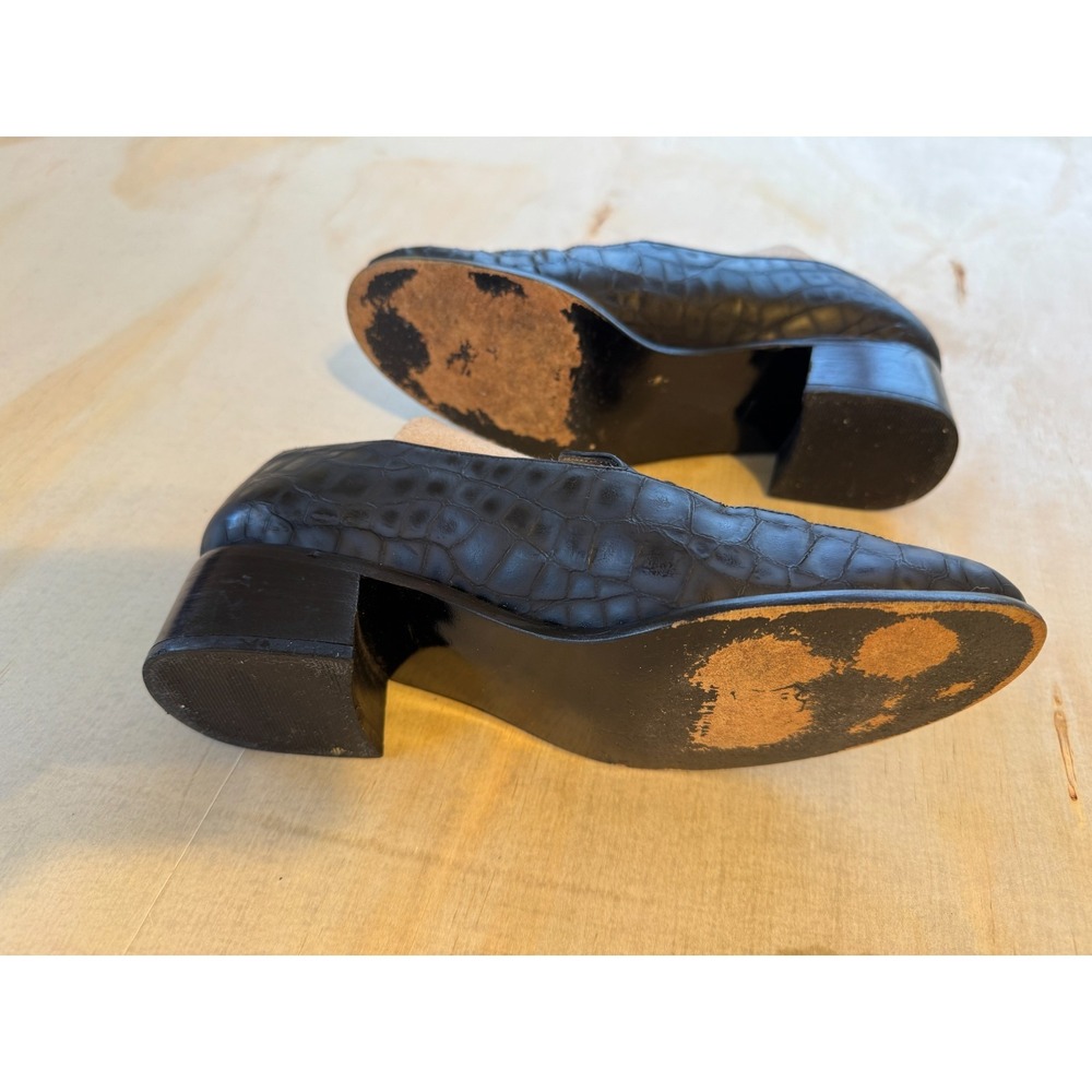 Stuart Weitzman Loafer Shoes Womens 6.5M Black Leather Heel Croc Embossed Tassel - Picture 6 of 10